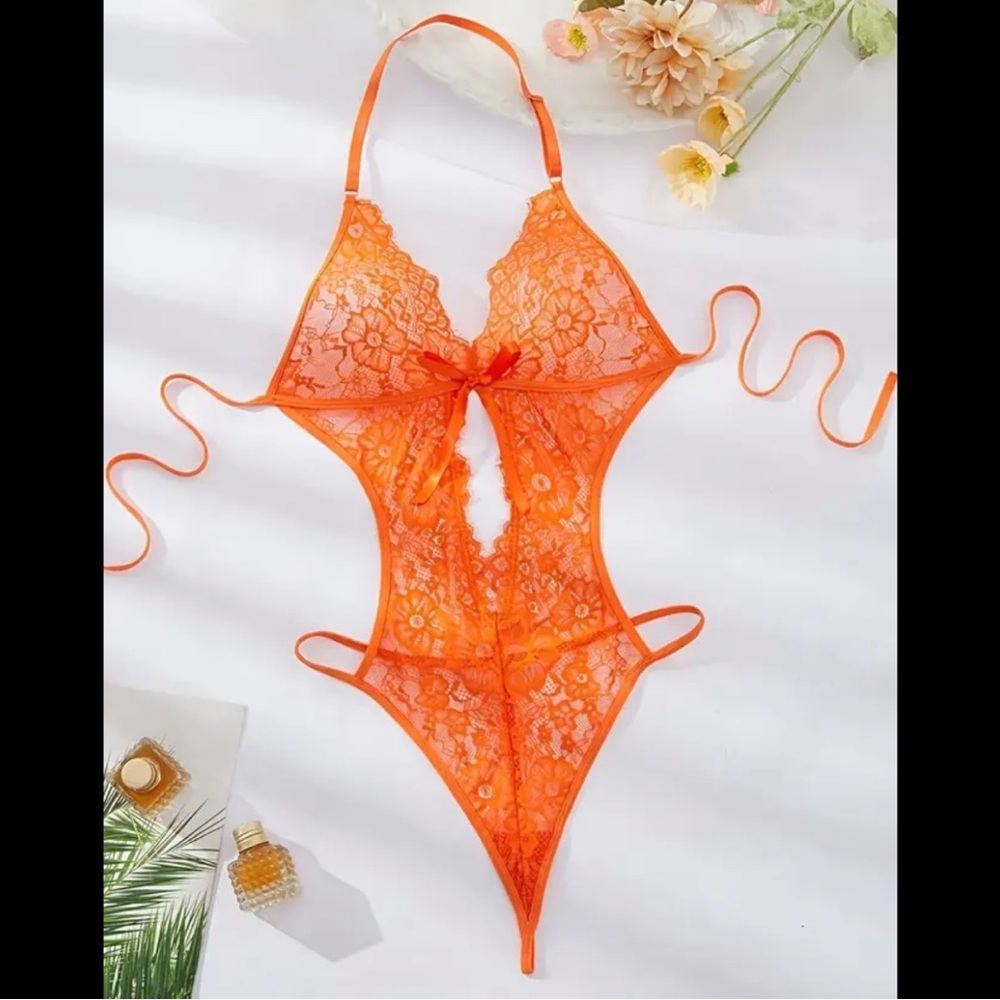 Orange, Floral Lace, Halter, Lingerie Bodysuit